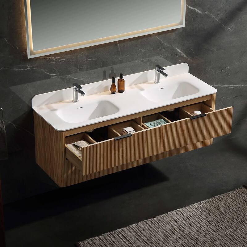 Modland 60" Natural Reeded Oak Wall-Mounted Double Sink Bathroom Vanity with Acrylic Top