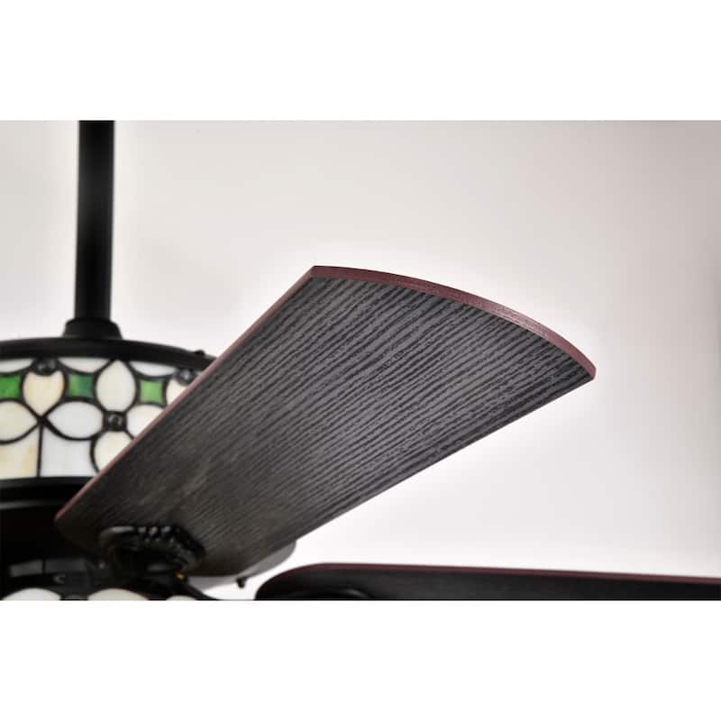 Guarvey 52-Inch Flushmount Two-Tiered Lighted Ceiling Fan Ivory Tiffany Glass Lamp Black Finish