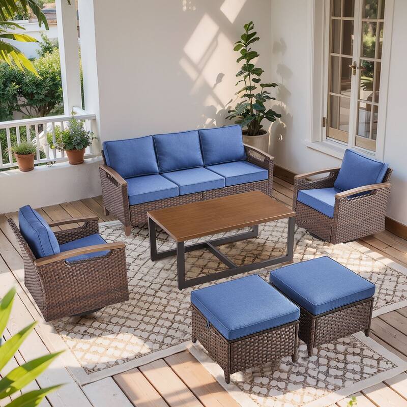 Pocassy Outdoor Brown Wicker Funitre with Cushion Set - Blue Cushion - Sofa with Swivel Chair Table Ottoman Set
