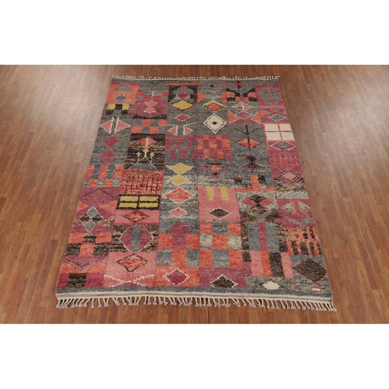 Geometric Plush Moroccan Oriental Rug Hand-Knotted Grey Wool Carpet - 7'9" x 10'5"