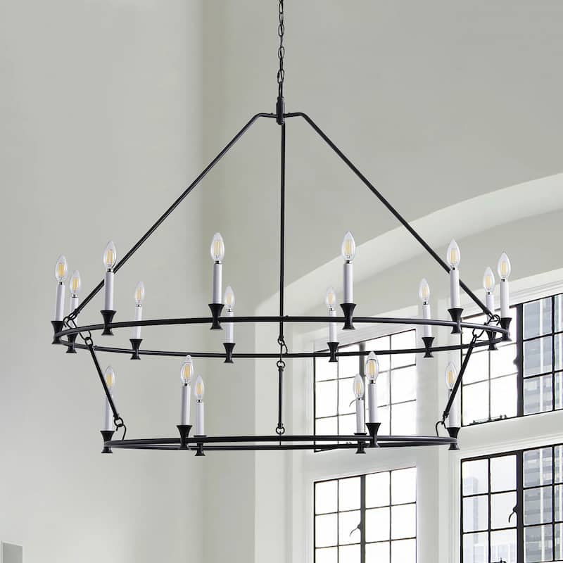 18-Lights Black Wagon Wheel Candle Chandelier - 49.2"D×5.1"W×130.4"H(Adjustable) - Black - 49.2"D×5.1"W×130.4"H(Adjustable)