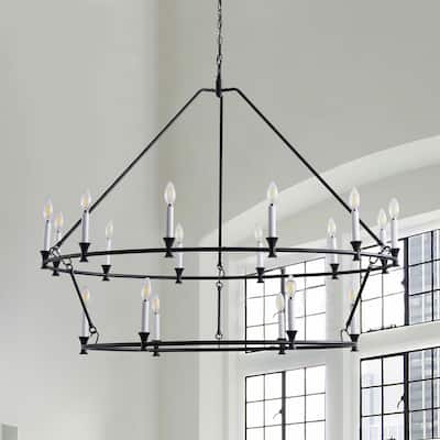 18-Lights Black Wagon Wheel Candle Chandelier - 49.2"D×5.1"W×130.4"H(Adjustable)