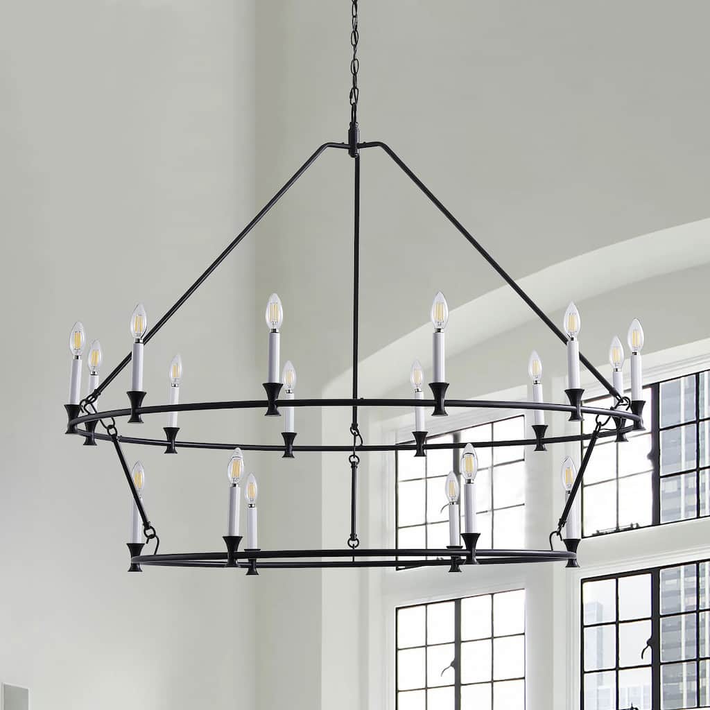 18-Lights Black Wagon Wheel Candle Chandelier - 49.2"D×5.1"W×130.4"H(Adjustable)
