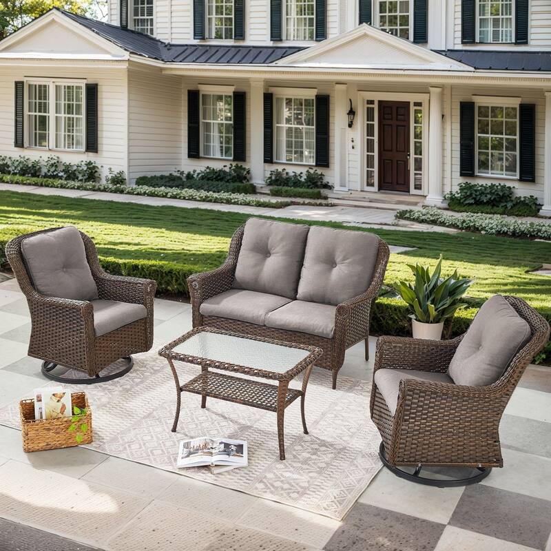 Pocassy Wicker Patio Conversation Set for Backyard - Beige Cushion - 4PCS Loveseat with Swivel Chair Table