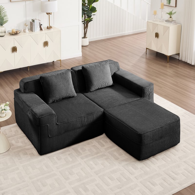 GDFStudio - Corduroy Modular 2-Seater 81.1" L-Shaped Cloud Sectional Loveseat Sofa with Ottoman - Black