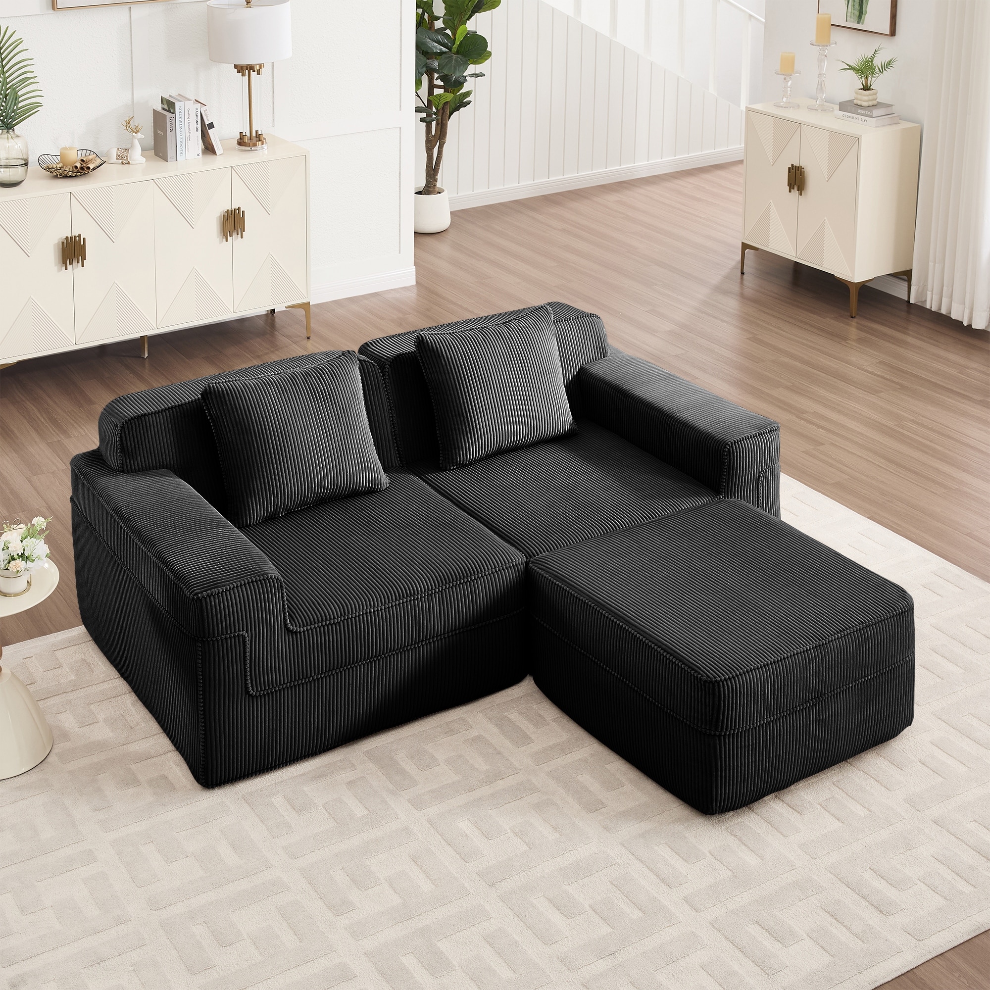 Modern 2 Seat Modular Sectional Boneless Sofa, L Shaped Deep Seat Sofa Couch with 3 Pillows and Movable Ottoman, for Living Room