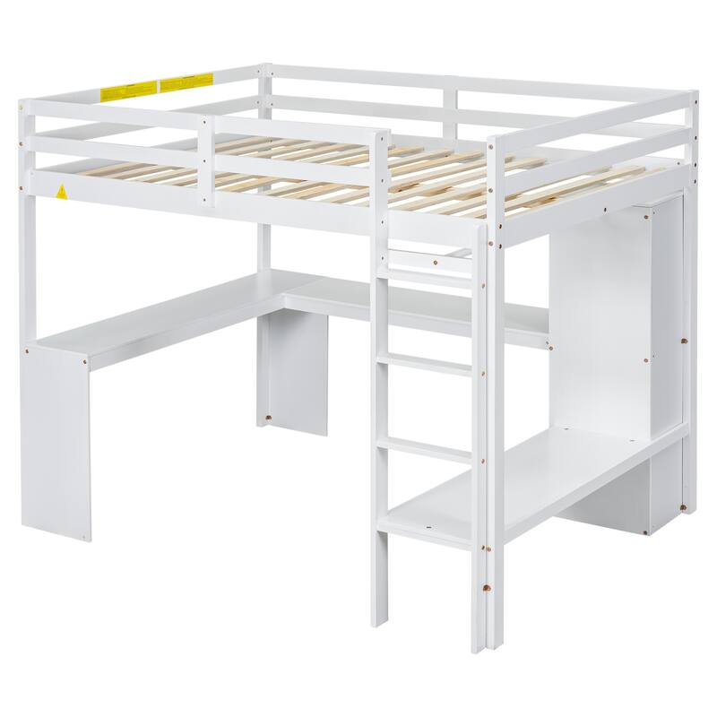 MERAX Loft Bed with L-shaped Desk, Wardrobe and Storage Shelves