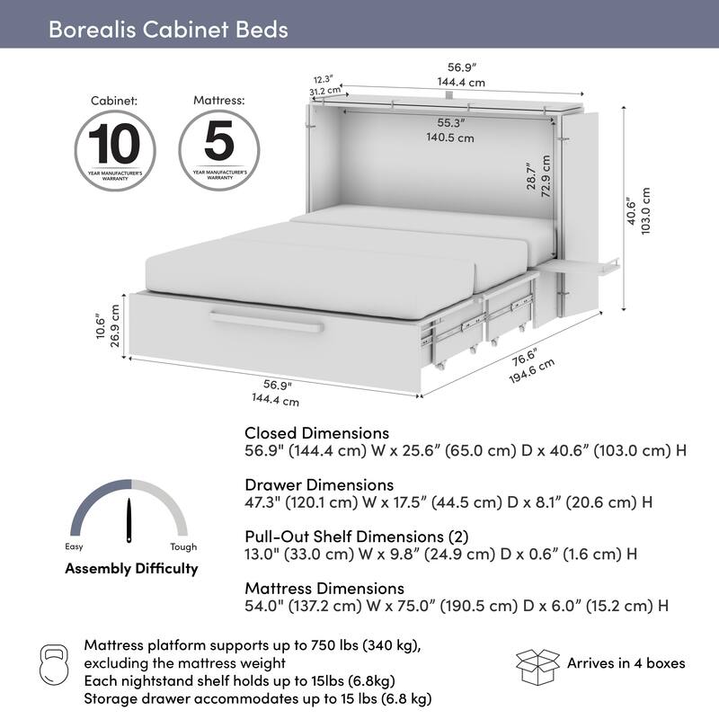 Bestar Borealis 57W Full Murphy Cabinet Bed with Drawer and Mattress
