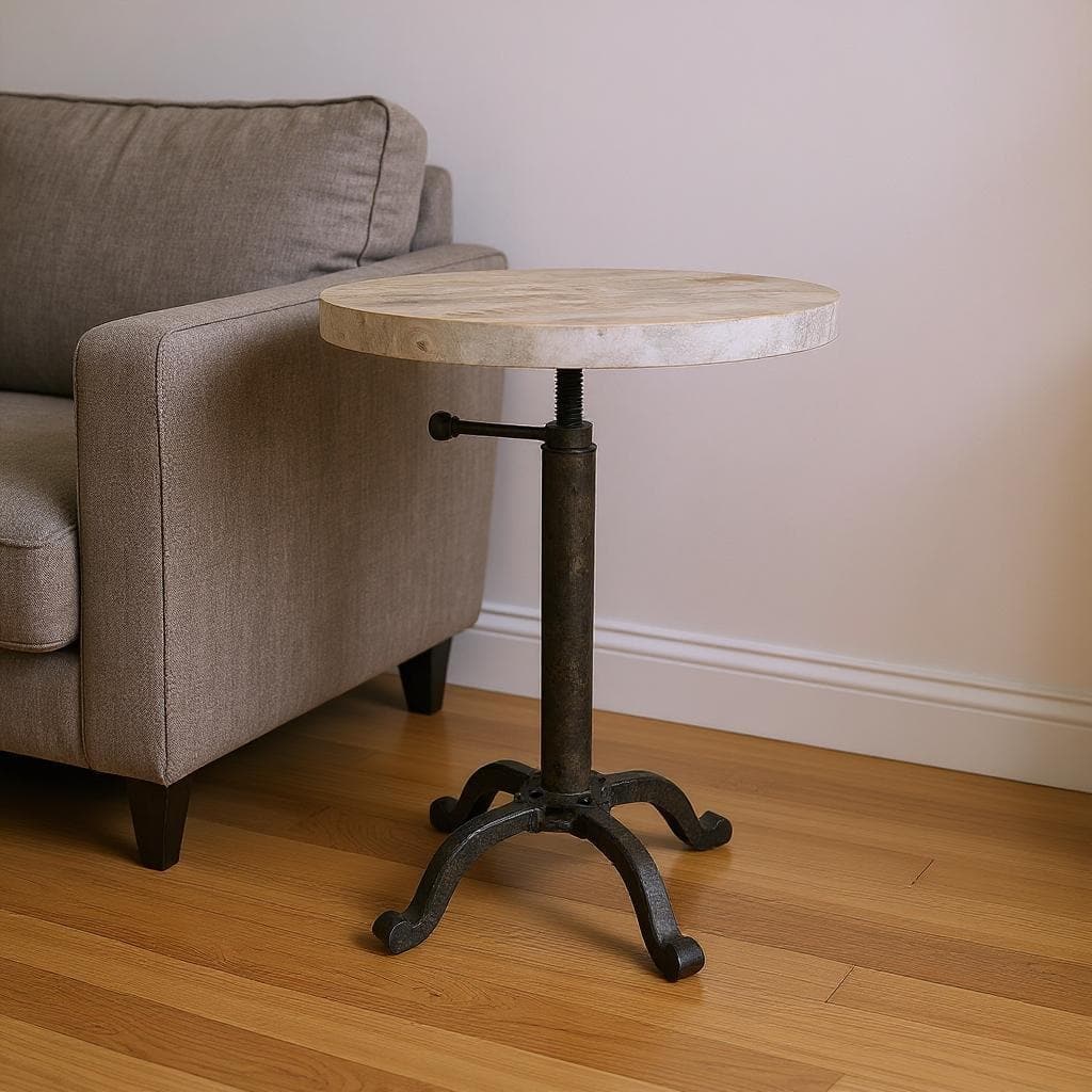 HomeRoots 22" Natural and Black Solid Wood and Metal Height Adjustable Round Pedestal End Table - 18 in. x 22 in. x 18 in.