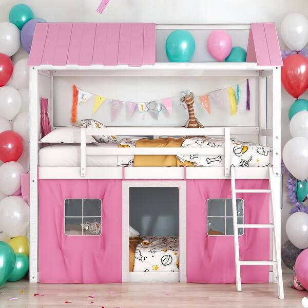slide 2 of 9, Twin Size House Kids Bunk Bed with Windows Sills and Tent, Pink+White Pink+White