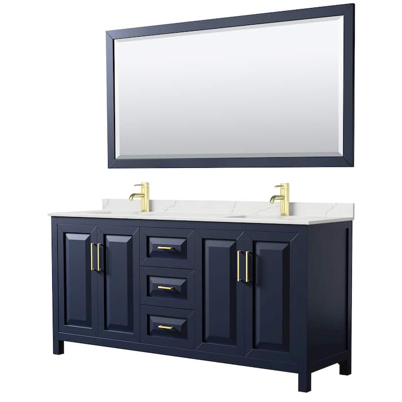Wyndham Collection WCV252572D-QTZ-UNSM70 Daria 72" Free Standing - Dark Blue / Giotto Quartz Top / Brushed Gold