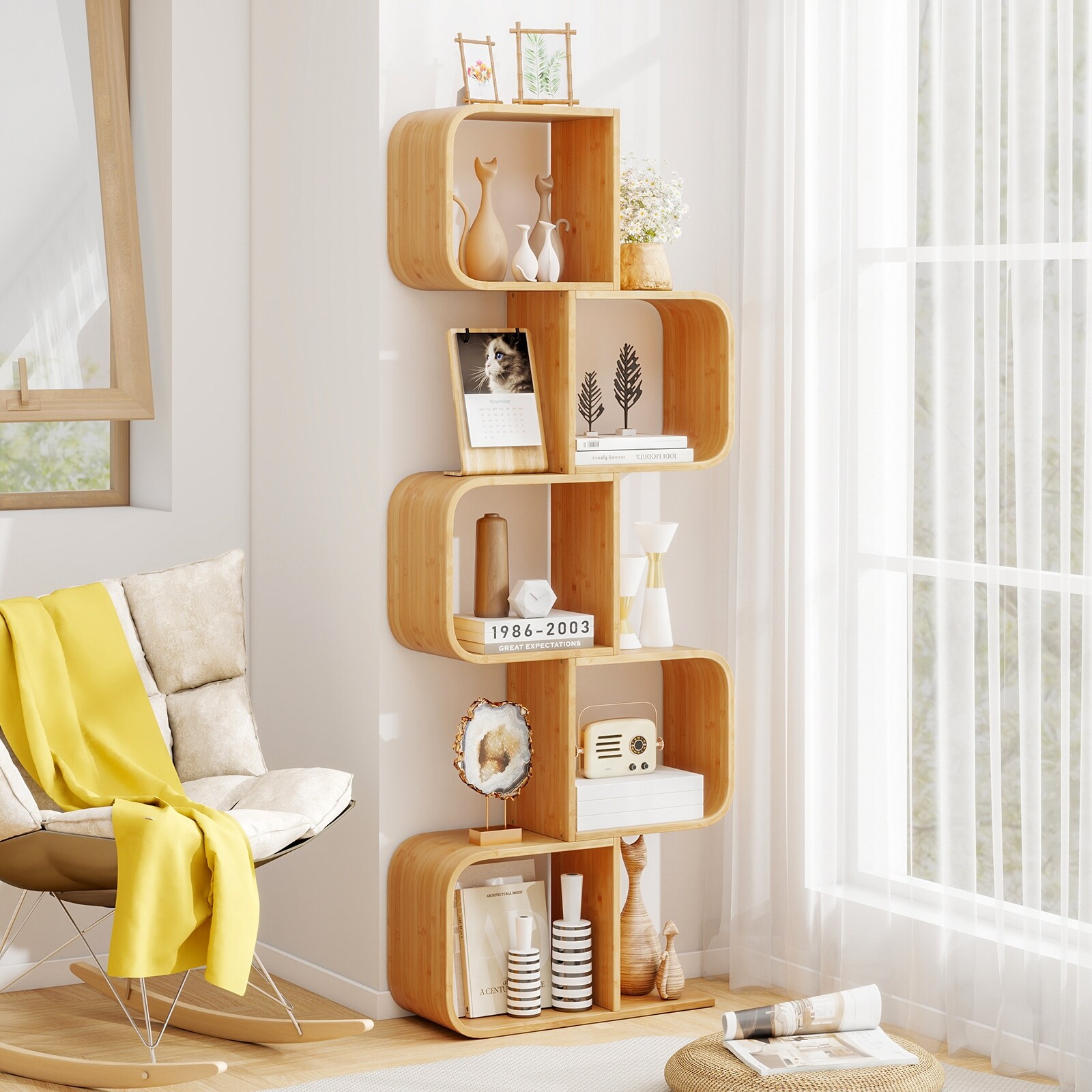 Gymax 2PCS 5-Tier S-Shaped Bookcase w/ 5 Open Cubes Geometric