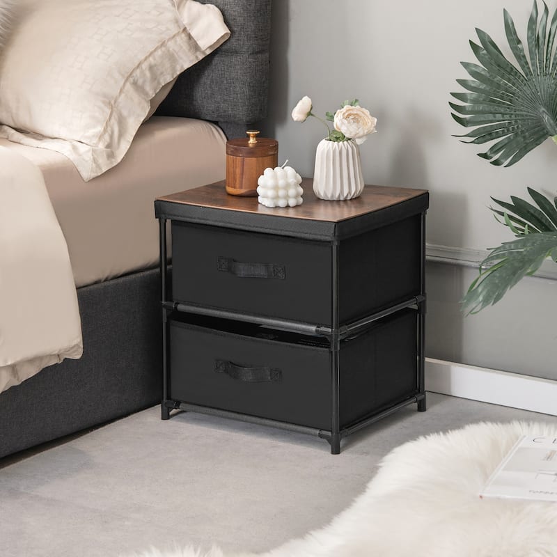 Gymax 2PCS Fabric Bedside Table 2 Drawers Nightstand Small Dresser