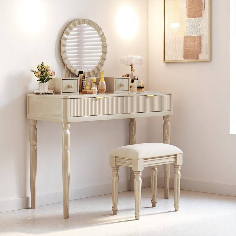 Luxury Vanity Table Set with Height-Adjustable Round Mirror, 4 Drawers & PU Stool, Elegant Makeup Desk for Bedroom