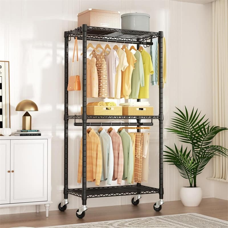 Rolling Clothes Rack Clothing Racks for Hanging Clothes - 14"D x 23.6"W x 74.5"H - 14"D x 23.6"W x 74.5"H - Black