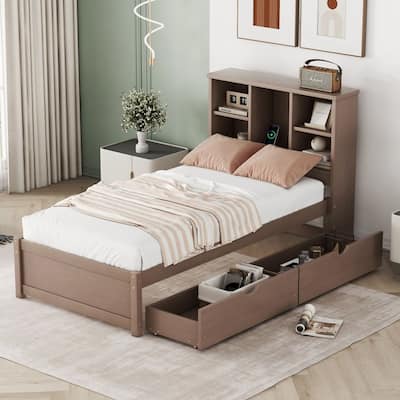 Modern Twin Size Bed Frame with Built-in USB Port on Bookcase Headboard and 2 Drawers