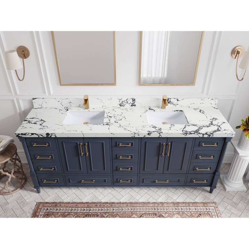Willow Collections 84 in. W x 22 in. D Aberdeen Double Bowl Sink Bathroom Vanity with Countertop - 2" Viola Night - Hale Navy Blue