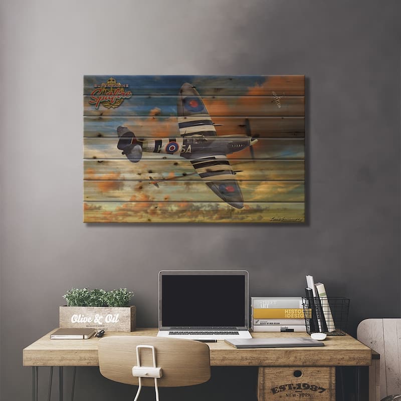 Spitfire Dog Fight Print On Wood by Larry Grossman - Multi-Color