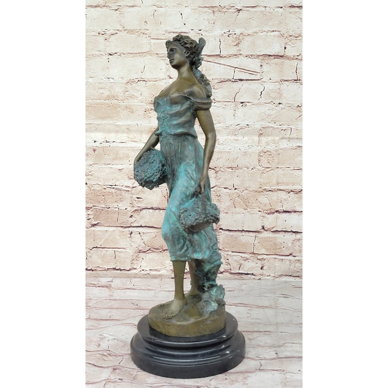 Girl Carrying Basket Of Grapes Clical Bronze Figure Statue Sculpture 17 Inches X 6 Inches