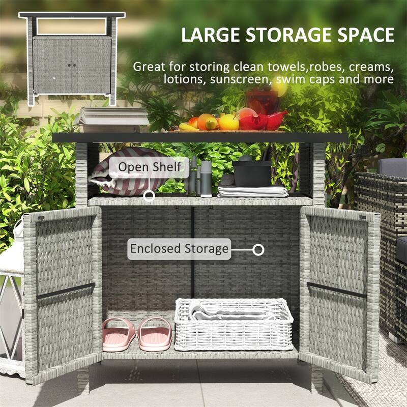 PE Rattan Outdoor Storage Cabinet with Tabletop and Open Shelf - 35.4" L x 20.9" W x 33.5" H