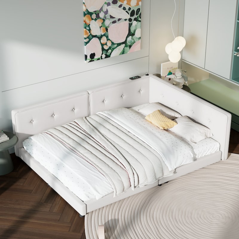 Roomfitters Queen/Full Upholstered Platform Bed with Integrated USB Charging Ports and Soft Padded Frame - Beige - Full