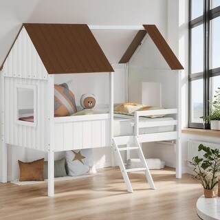 Twin Size Low Loft Wood House Bed with Two Side Windows - Bed Bath ...
