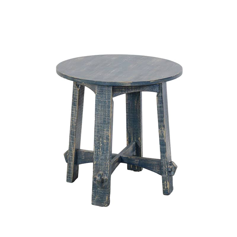 Rena Side End Table, 24 Inch Round Top, Rustic Distressed Blue Wood