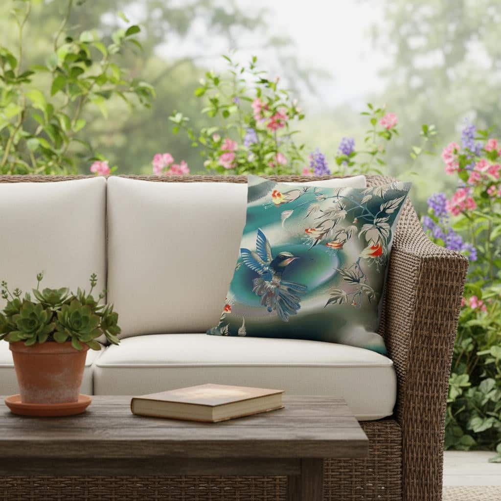 HomeRoots 18" x 18" Turquoise Bird Blown Seam Floral Indoor Outdoor Throw Pillow - 18.00' X '18.00' X '5.00