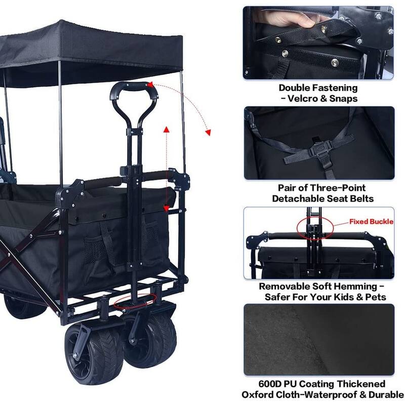 Deluxe 140L Collapsible Wagon with Removable Canopy & Cooler Bag - All-Terrain Wheels with Brake