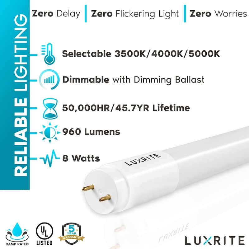 Luxrite 30-Pack 2FT T8 LED Tube Light, 8W=17W, 3 Color Option, Single ...