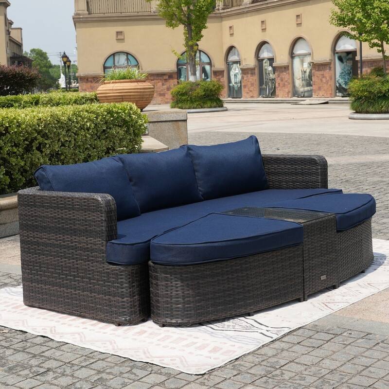 5-piece Patio Wicker Daybed Sectional Sofa Set with Side Table