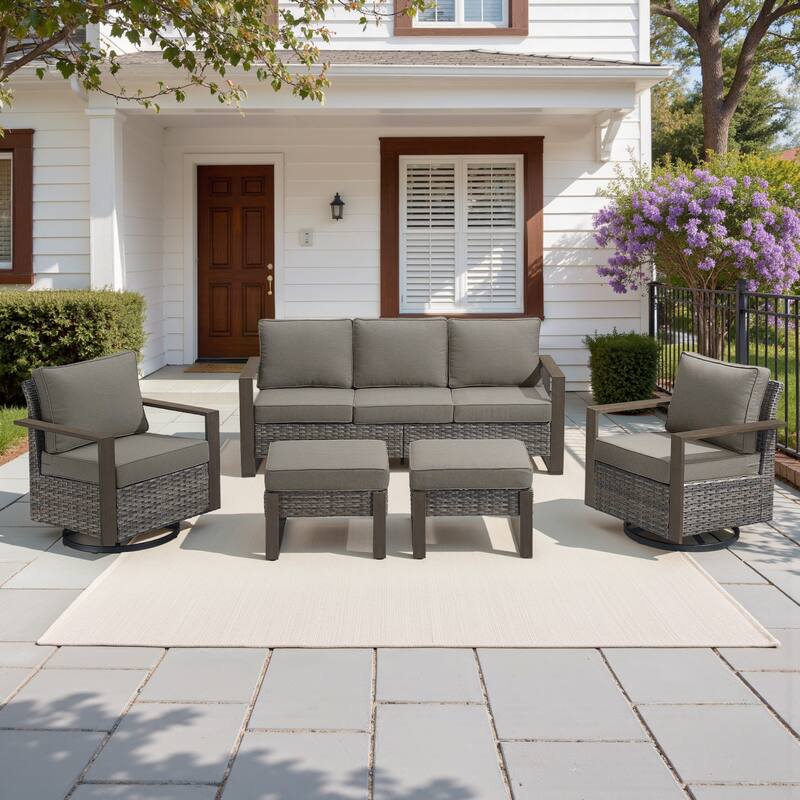 Pocassy Outdoor Sofa Patio Swivel Chair Funiture Set - Gray Wicker with Gray Cushion - 5-Piece Sofa Swivel Chair with Ottoman Set