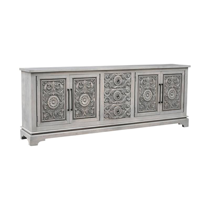 HomeRoots 106" Gray Distressed Solid Wood Carved Floral Three Drawer Sideboard with Four Doors
