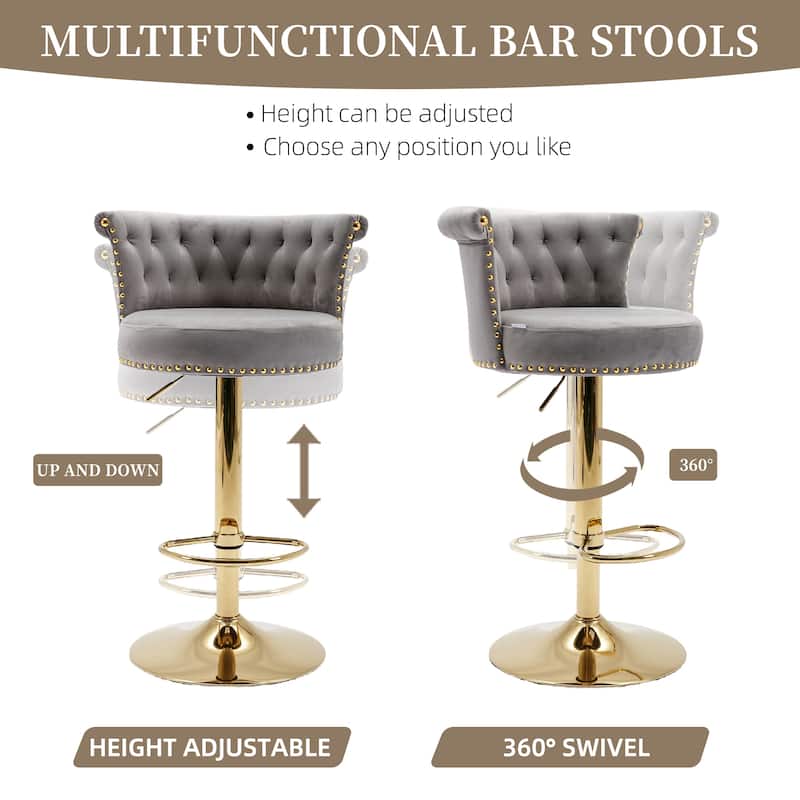 Velvet Upholstered Tufted Nailheads Swivel Adjustable Height Bar Stools With Golden Footrest(set of 2)