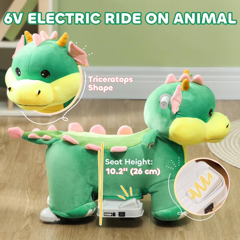 Battery-Powered 6V Ride-On Animal Car, Triceratops Electric Toy with Music and Smooth PU Wheels for Kids 18-36 Months