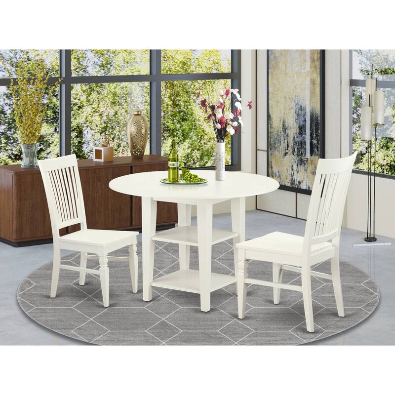 HomeStock 3-Piece Linen White Finish Round Solid Wood Top Dining Table Set