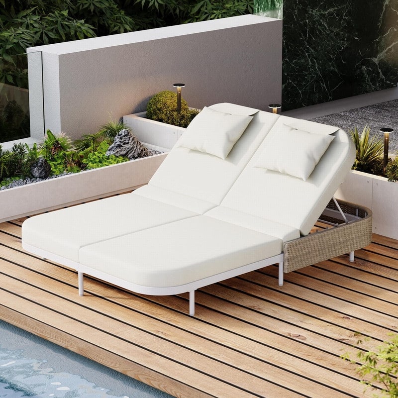 Rattan Outdoor Daybed Double Patio Chaise Lounge with Removable Cushions - Beige