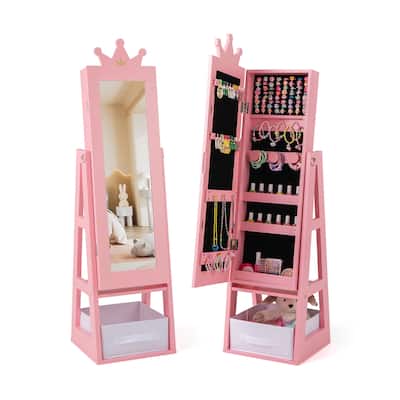 Gymax Kids Jewelry Cabinet w/ Full-Length Mirror Foldable Drawer