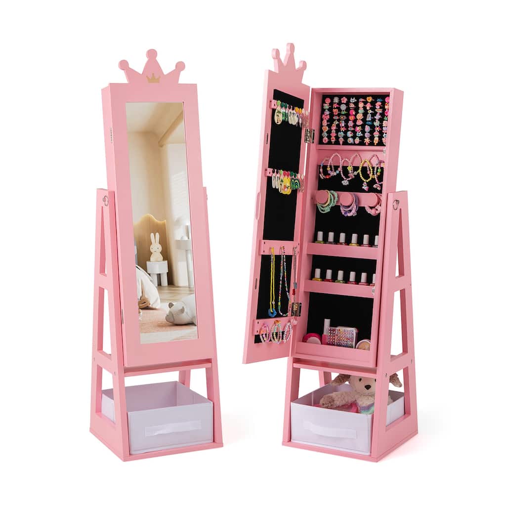 Gymax Kids Jewelry Cabinet w/ Full-Length Mirror Foldable Drawer