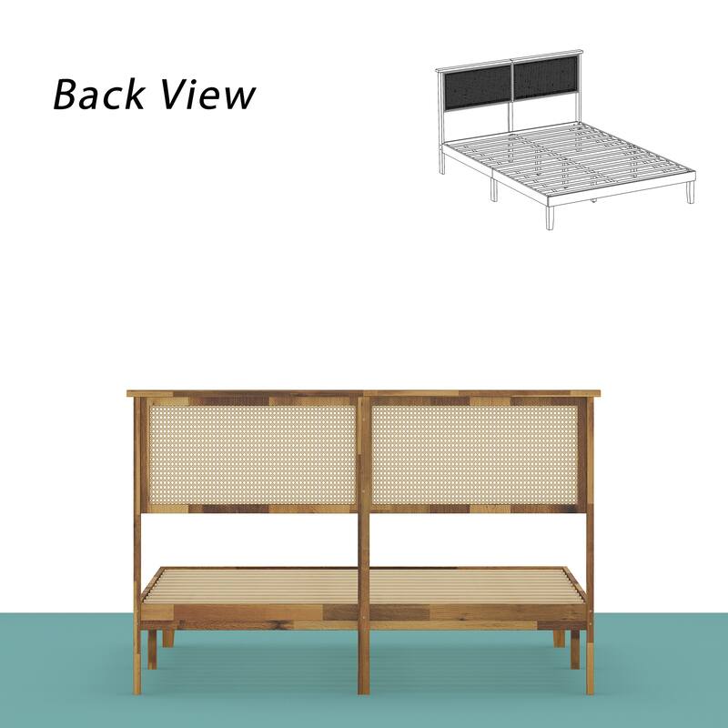 Solid Wood Bed Frame with Cane Headboard, Modern Natural Finish Platform Bed