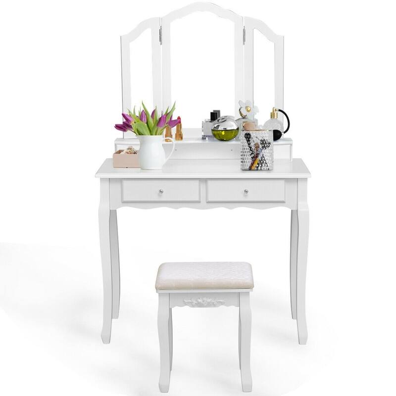 Tri Folding Mirror Vanity Table Stool Set with 4 Drawers and Cushioned Stool-White - 35" x 16" x 57"(L x W x H)