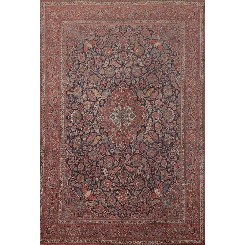 Hand Knotted Oriental 100% Wool Carpet Traditional Floral Navy Blue & Blues Kashan Area Rug - 14' 2'' X 10' 0''