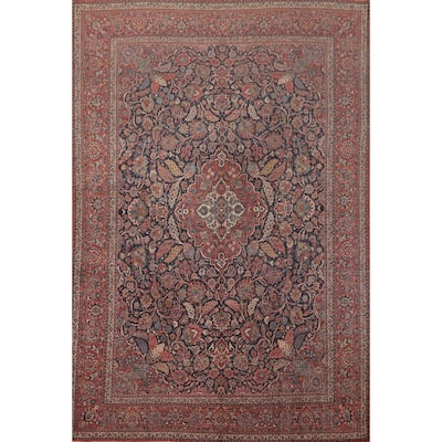 Hand Knotted Oriental 100% Wool Carpet Traditional Floral Navy Blue & Blues Kashan Area Rug - 14' 2'' X 10' 0''