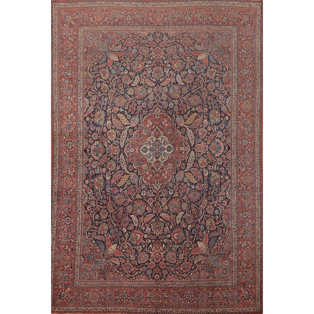 Hand Knotted Oriental 100% Wool Carpet Traditional Floral Navy Blue & Blues Kashan Area Rug - 14' 2'' X 10' 0''