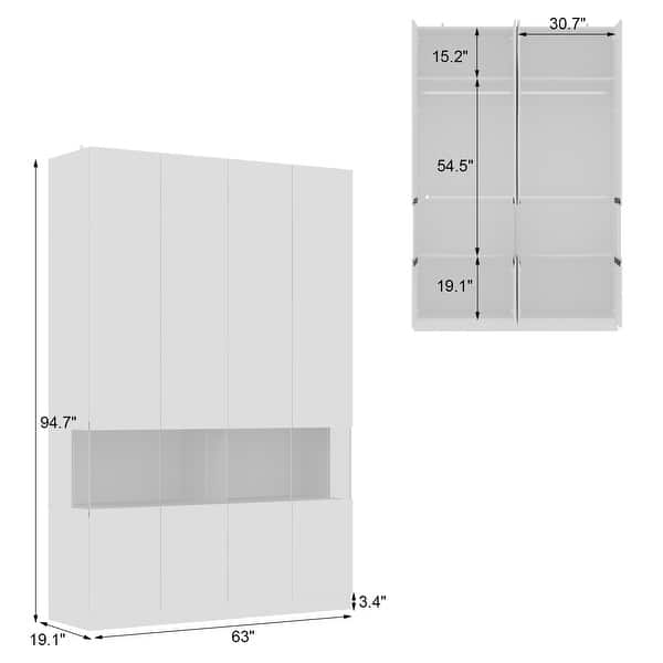 Elegant White Glass Wardrobe with LED and Spacious Storage Armoires