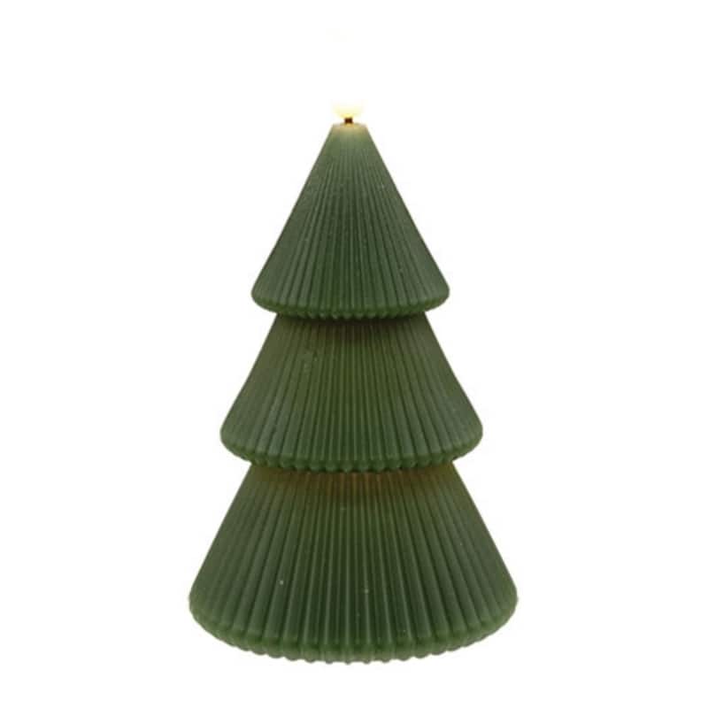 Dark Green Wax Christmas Tree LED Timer Candle Holiday Decor - 7.25-Inch