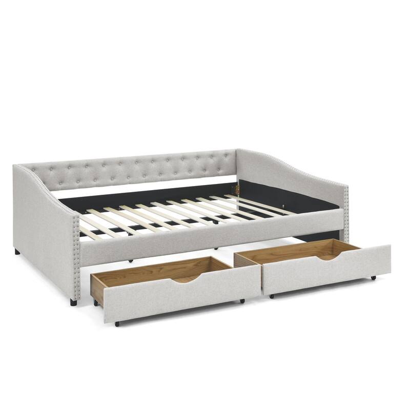 Upholstered Queen Daybed with Two Storage Drawers,Queen Size Button Tufted Sofa Bed Daybed