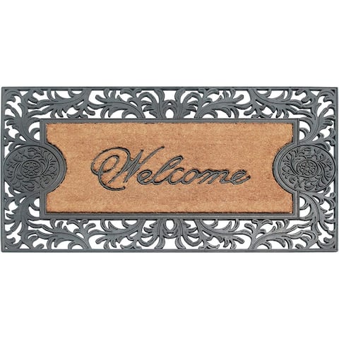 A1HC Welcome Floral Border Rubber and Coir Large Heavy-Duty Outdoor Doormat, Black - 23"X38"