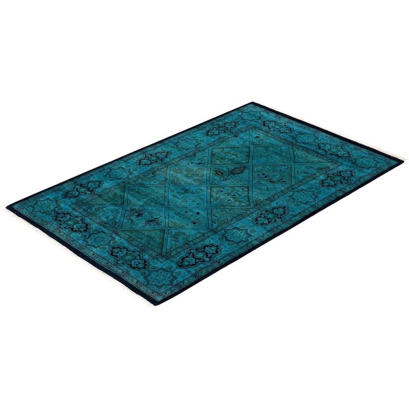 Fine Vibrance, One-of-a-Kind Handmade Runner Rug - Blue, 2' 8" x 4' 2" - 2' 8" x 4' 2"