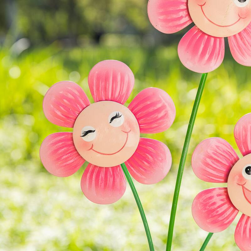 Glitzhome 36"H Metal Garden Triple Happy Face Flower Yardstake Wall Decor